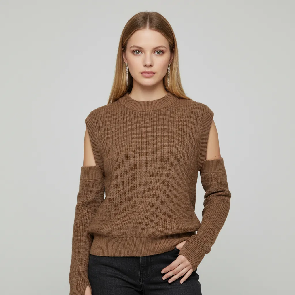 Women's Camel Ribbed Cold-Shoulder Detachable-Sleeve Knit Top - Custom Modular Design