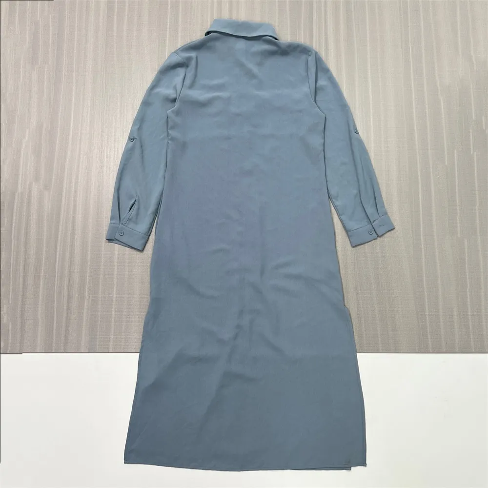 Women's Dusty Blue Shirt Dress with Chest Pockets - Custom Relaxed Elegant Design