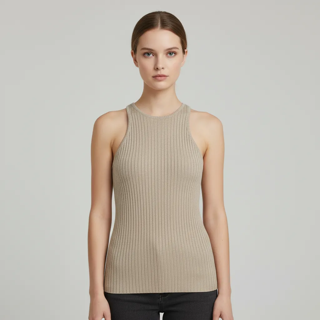 Women's Beige Ribbed Tank Top with Racerback Design - Custom Slim-Fit Knitwear