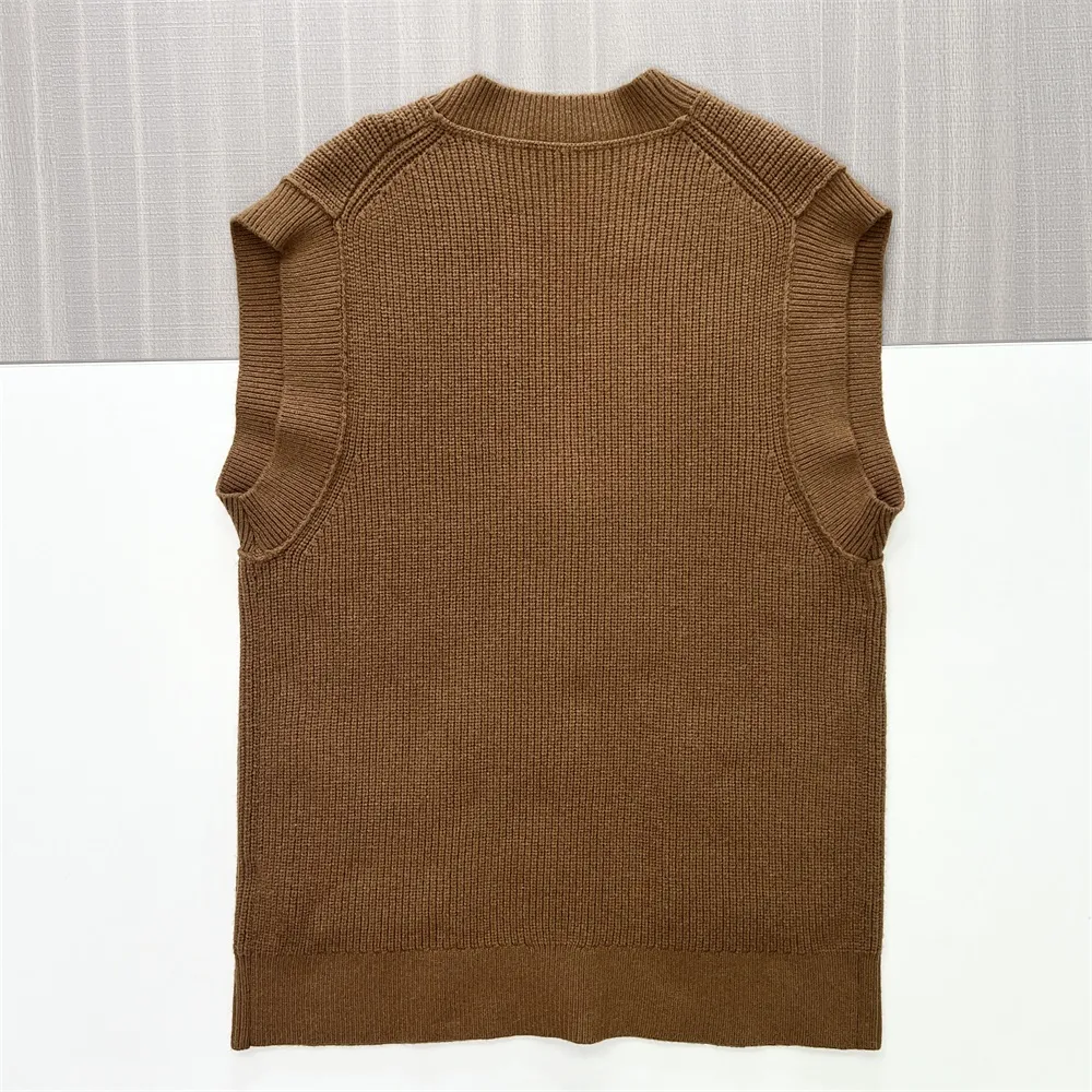 Women's Camel Ribbed V-Neck Button-Front Sleeveless Vest - Custom Refined Design