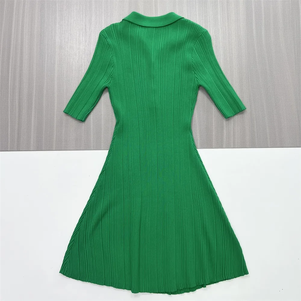 Women's Emerald Green Ribbed Polo-Collar Midi Dress - Custom Preppy Elegant Design