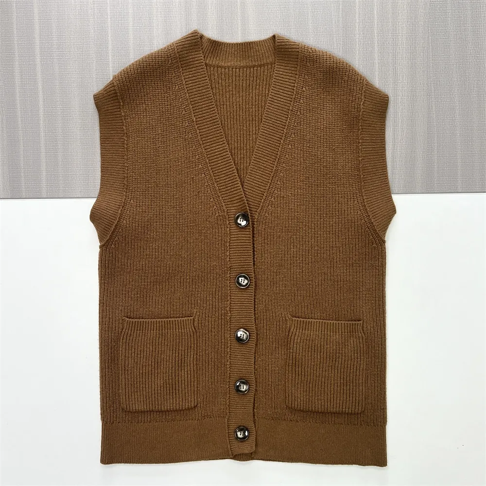 Women's Camel Ribbed V-Neck Button-Front Sleeveless Vest - Custom Refined Design