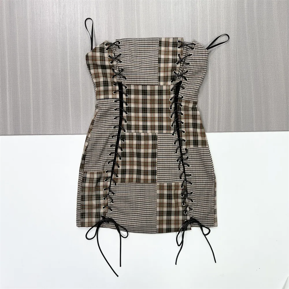 Women's Plaid Patchwork Lace-Up Strapless Mini Dress - Custom Edgy Retro Design