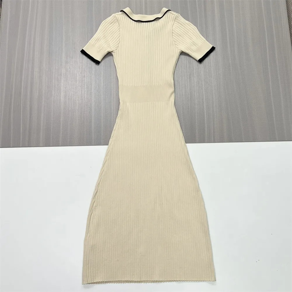 Women's Beige Ribbed Contrast-Collar Midi Dress - Custom Preppy Slim-Fit Design