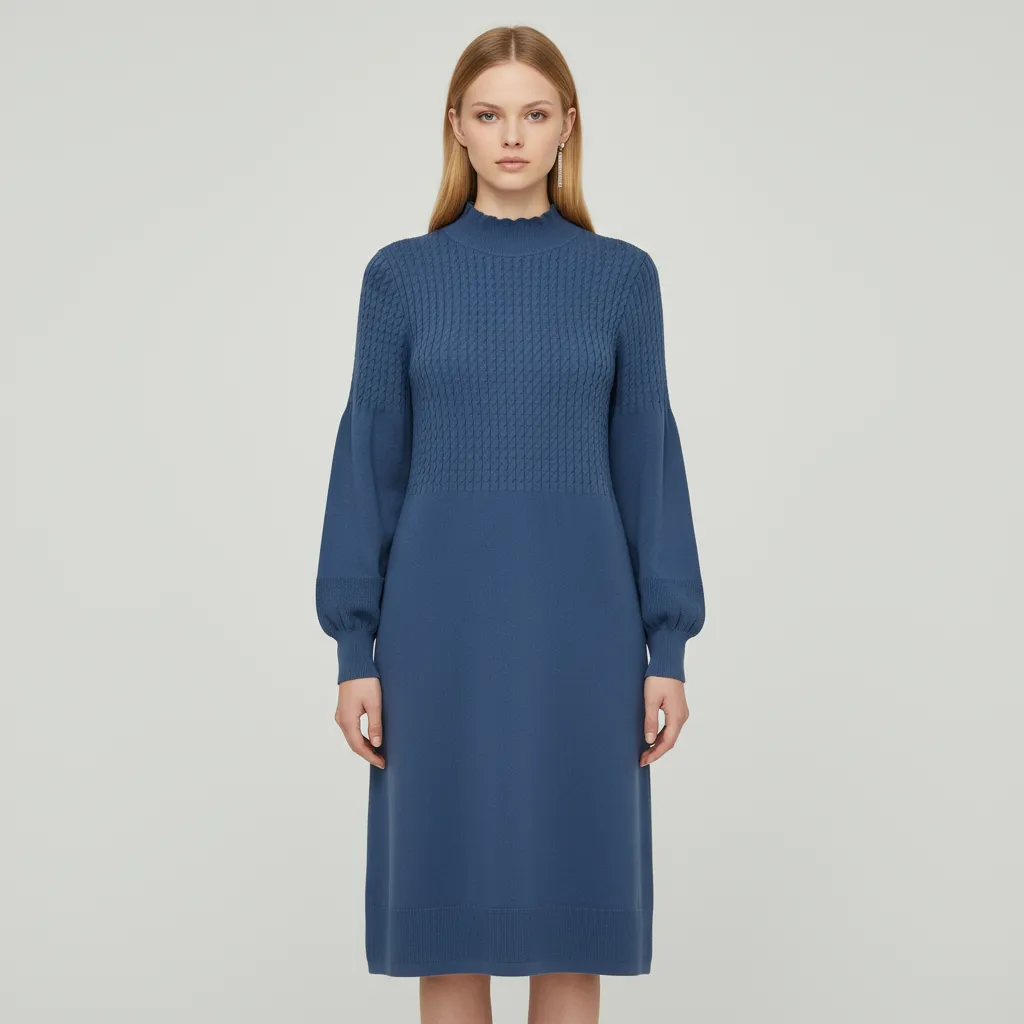Women's Navy Cable-Knit Mock-Neck Midi Dress - Custom Elegant Textured Design