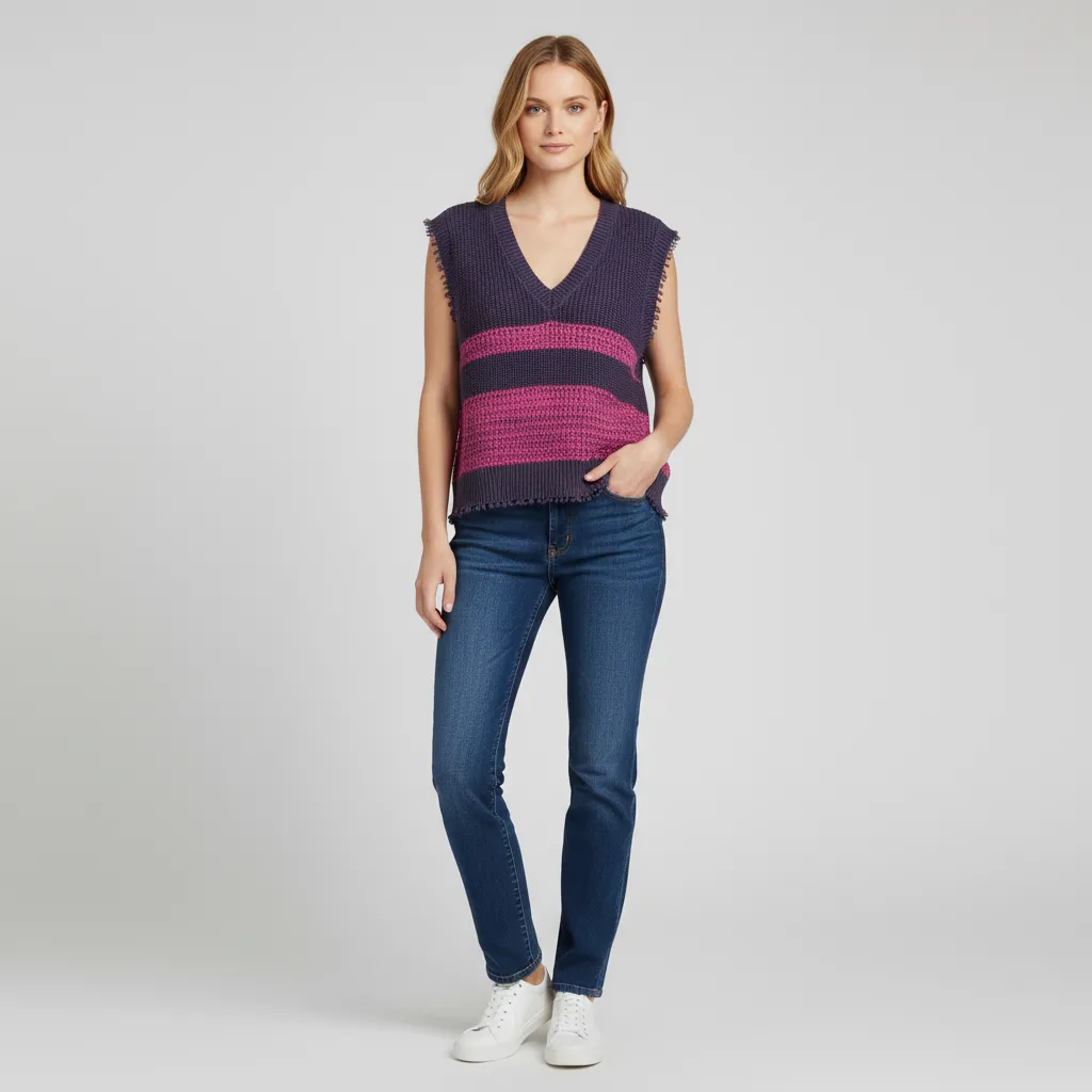Women's Plum & Magenta Striped Distressed-Knit Sleeveless Vest - Custom Edgy Design