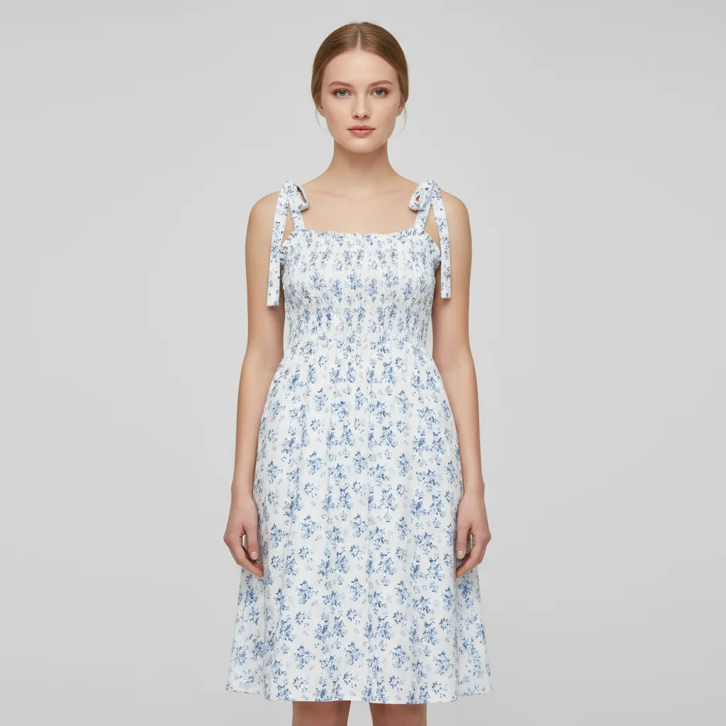 Women's White & Blue Floral Tie-Strap Smocked Midi Dress - Custom Feminine Casual Design