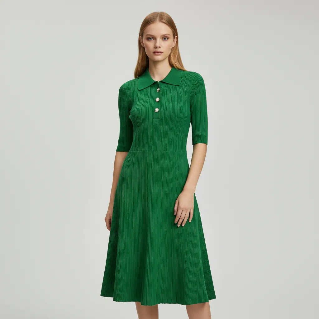 Women's Emerald Green Ribbed Polo-Collar Midi Dress - Custom Preppy Elegant Design