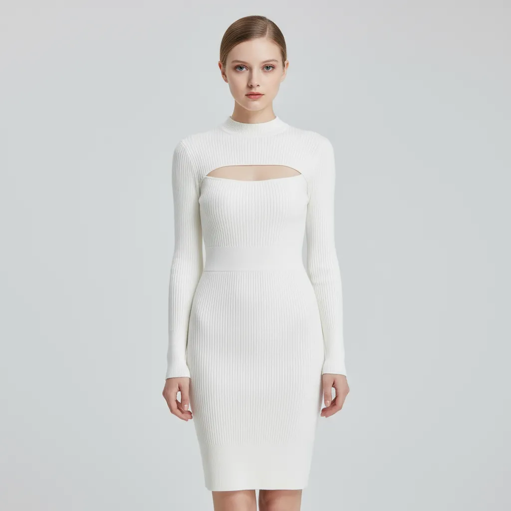 Women's White Ribbed Cutout Mock-Neck Mini Dress - Custom Modern Slim-Fit Design