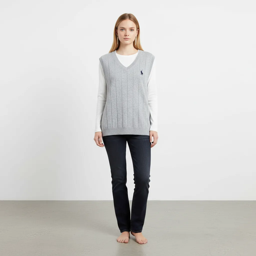 Women's Light Gray Ribbed V-Neck Knit Vest with Polo Emblem - Custom Preppy Design