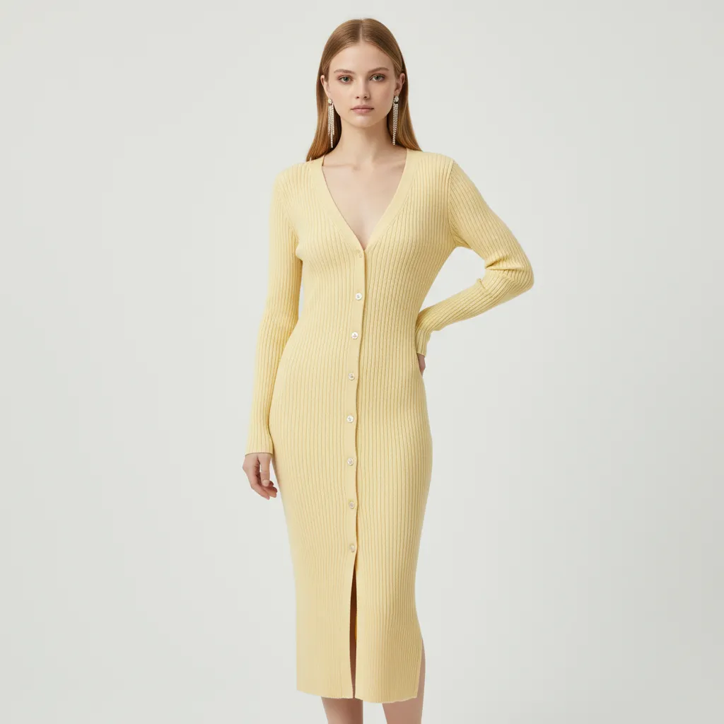 Women's Lemon Yellow Ribbed V-Neck Button-Front Midi Dress - Custom Slim-Fit Stylish Design