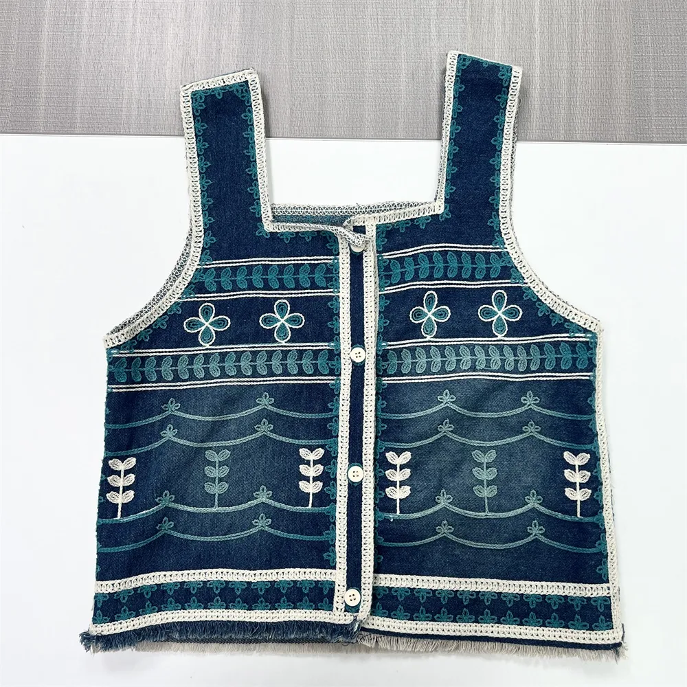 Women's Indigo Embroidered Sleeveless Vest - Custom Artisanal Folk-Style Design
