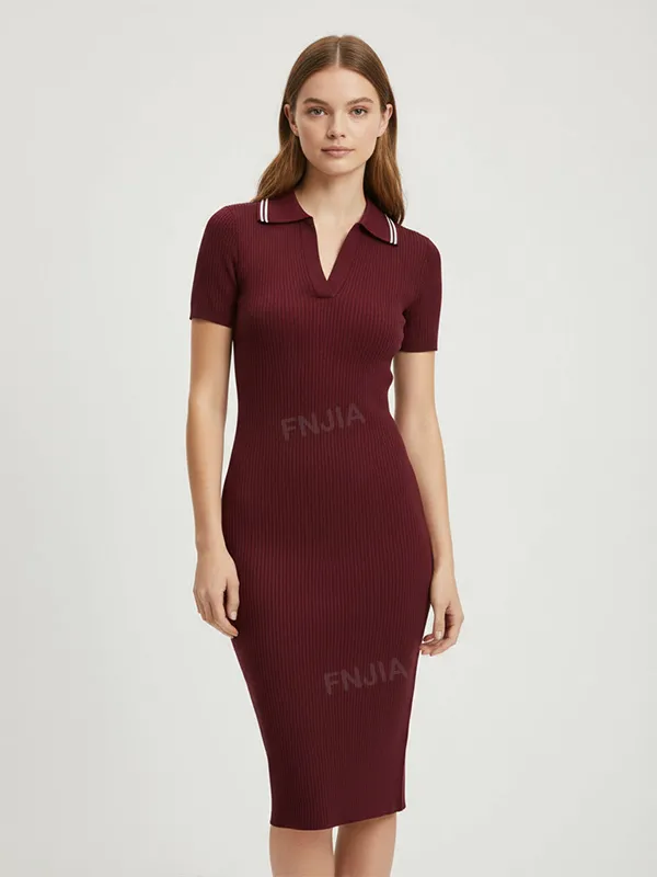 Women's Burgundy Ribbed Polo-Collar Knit Midi Dress - Custom Slim-Fit Preppy Design