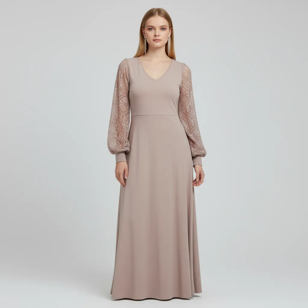 Women's Beige Lace-Sleeve V-Neck Maxi Dress - Custom Elegant Paneled Design