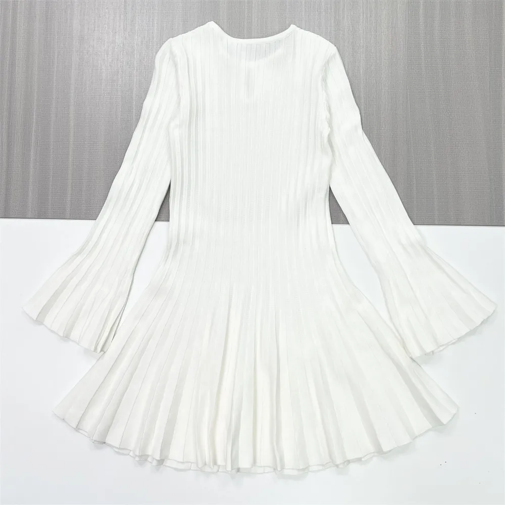 Women's White Ribbed Cutout Bell-Sleeve Mini Dress - Custom Feminine Elegant Design