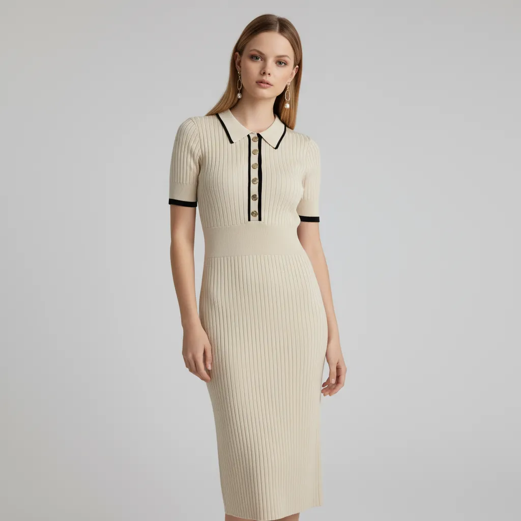 Women's Beige Ribbed Contrast-Collar Midi Dress - Custom Preppy Slim-Fit Design