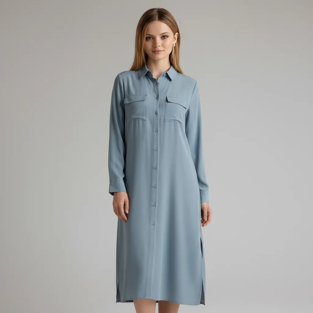 Women's Dusty Blue Shirt Dress with Chest Pockets - Custom Relaxed Elegant Design