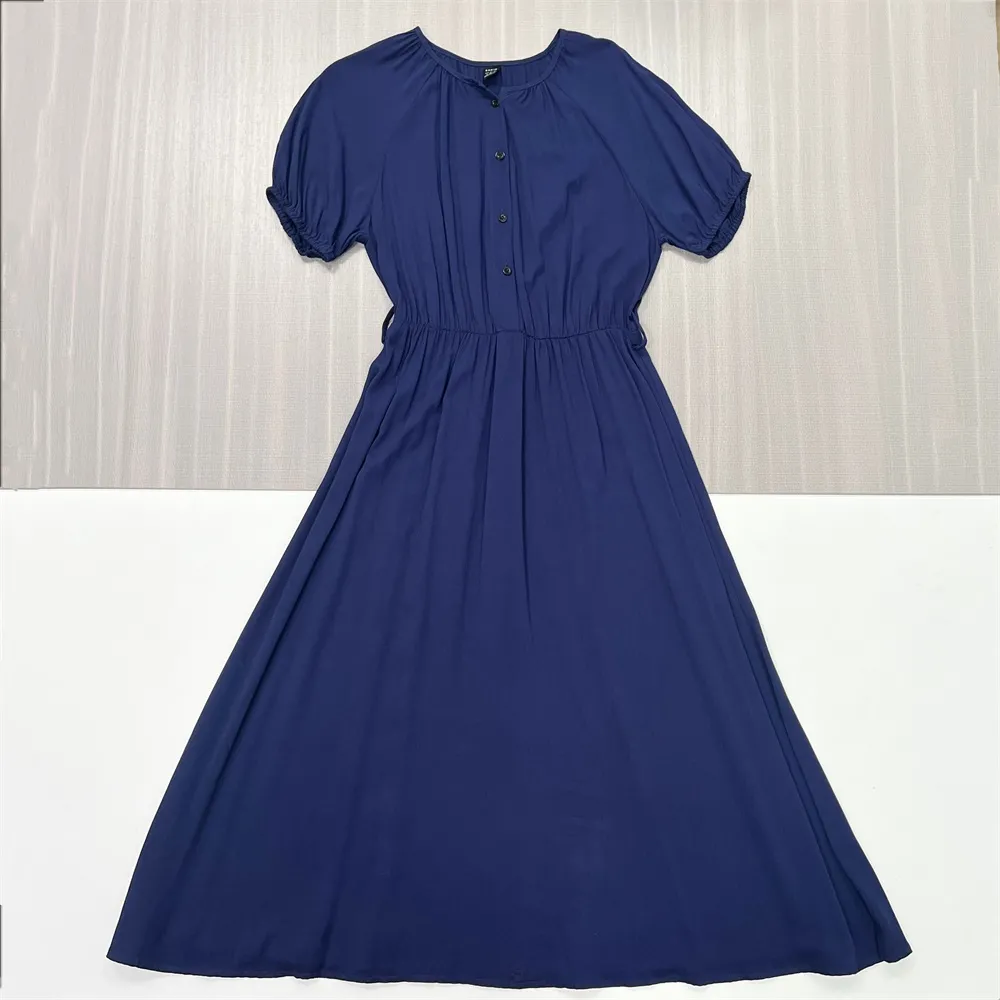 Women's Navy Smocked-Waist Puff-Sleeve Maxi Dress - Custom Elegant Versatile Design