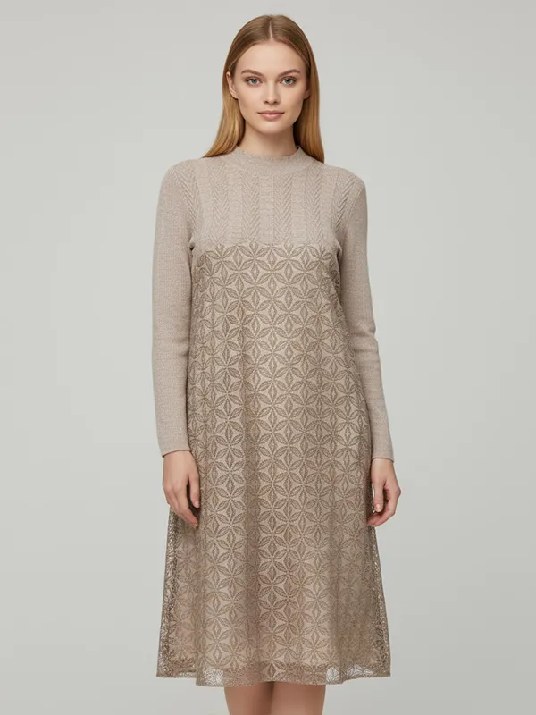 Women's Beige Textured-Knit Paneled Midi Dress - Custom Elegant Patterned Design
