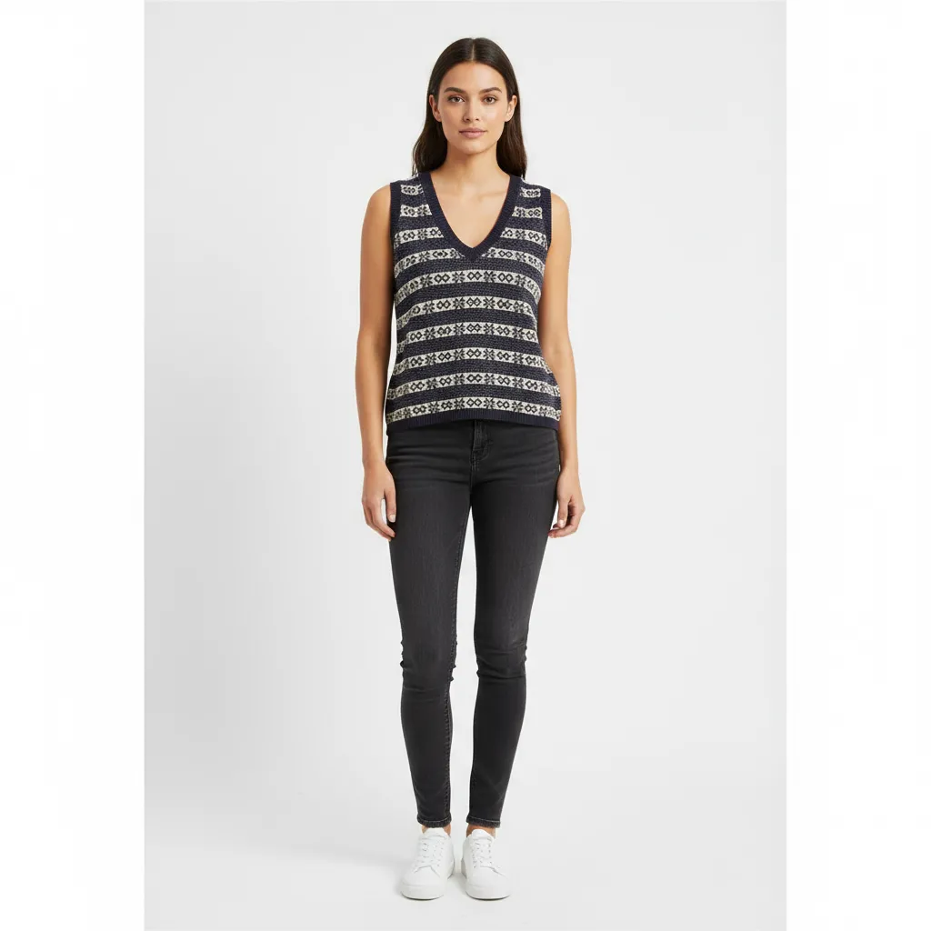 Women's Navy Fair Isle Pattern V-Neck Sleeveless Knit Top - Custom Preppy Design