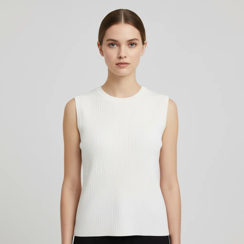 Women's White Ribbed Crewneck Sleeveless Knit Top - Custom Minimalist Design
