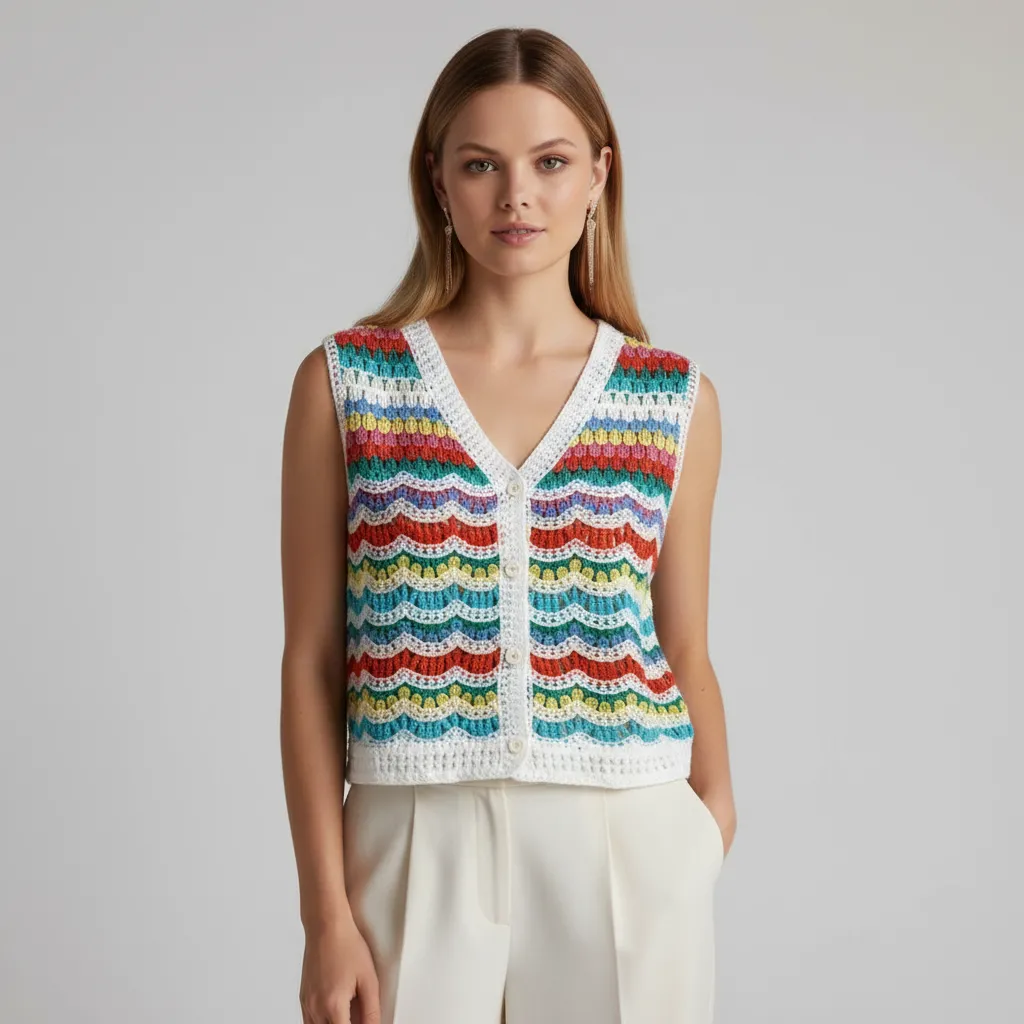 Women's Rainbow Chevron Crochet Sleeveless Vest - Custom Bohemian Openwork Design