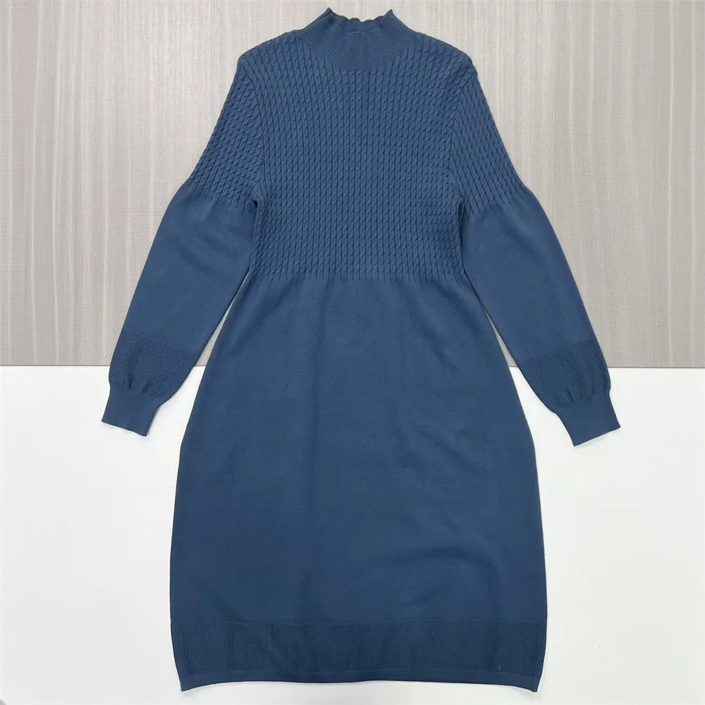 Women's Navy Cable-Knit Mock-Neck Midi Dress - Custom Elegant Textured Design