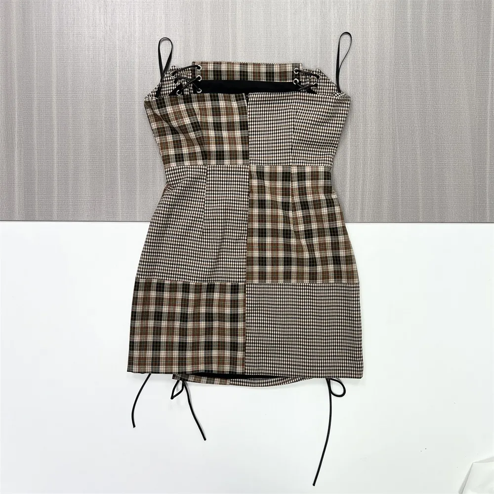 Women's Plaid Patchwork Lace-Up Strapless Mini Dress - Custom Edgy Retro Design