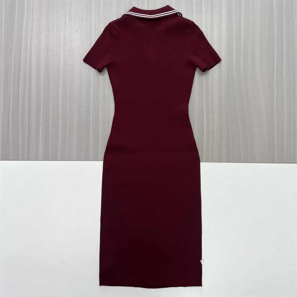 Women's Burgundy Ribbed Polo-Collar Knit Midi Dress - Custom Slim-Fit Preppy Design