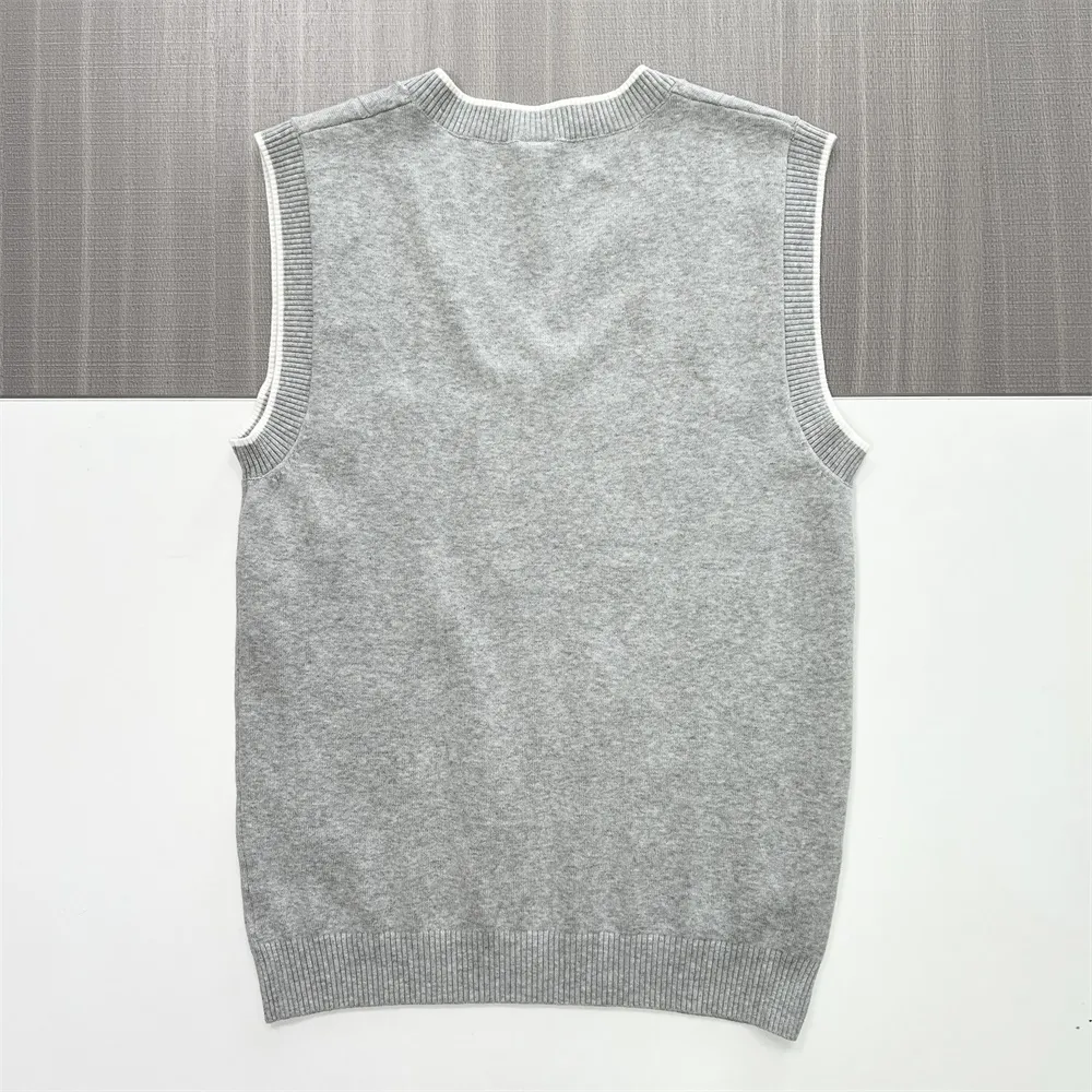 Women's Light Gray Ribbed V-Neck Knit Vest with Polo Emblem - Custom Preppy Design