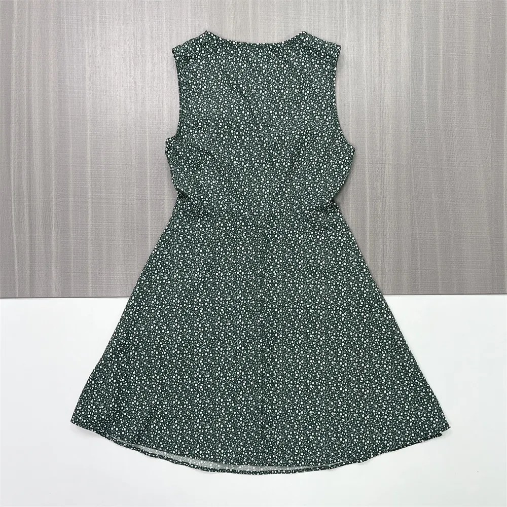 Women's Forest Green Ditsy-Print Sleeveless V-Neck Mini Dress - Custom Feminine Casual Design
