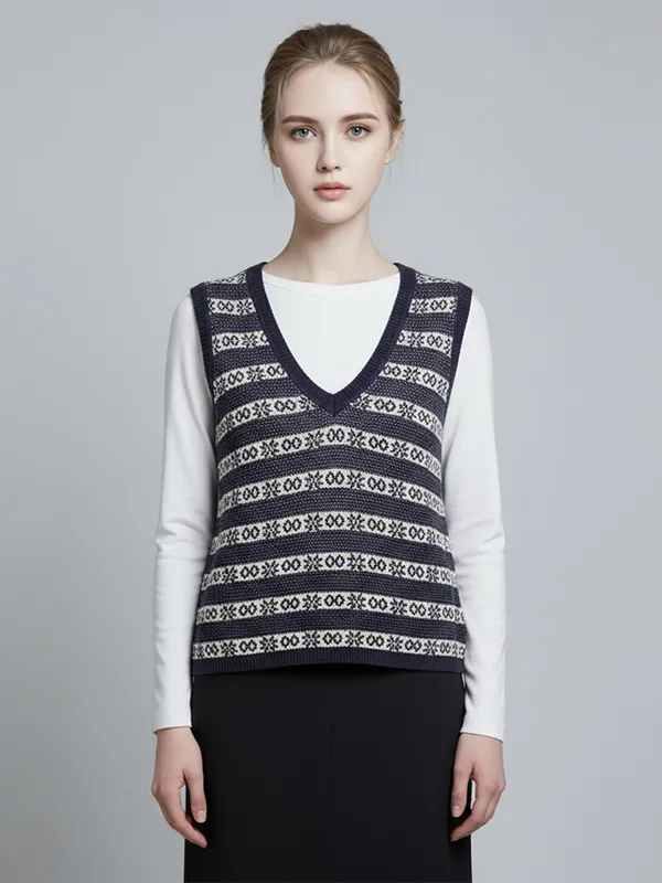 Women's Navy Fair Isle Pattern V-Neck Sleeveless Knit Top - Custom Preppy Design