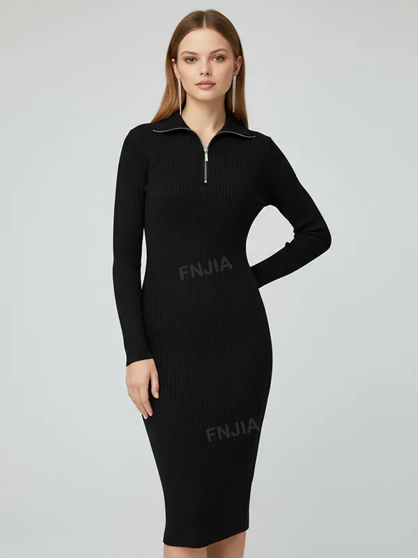 Women's Black Ribbed Half-Zip Midi Dress - Custom Sleek Modern Design