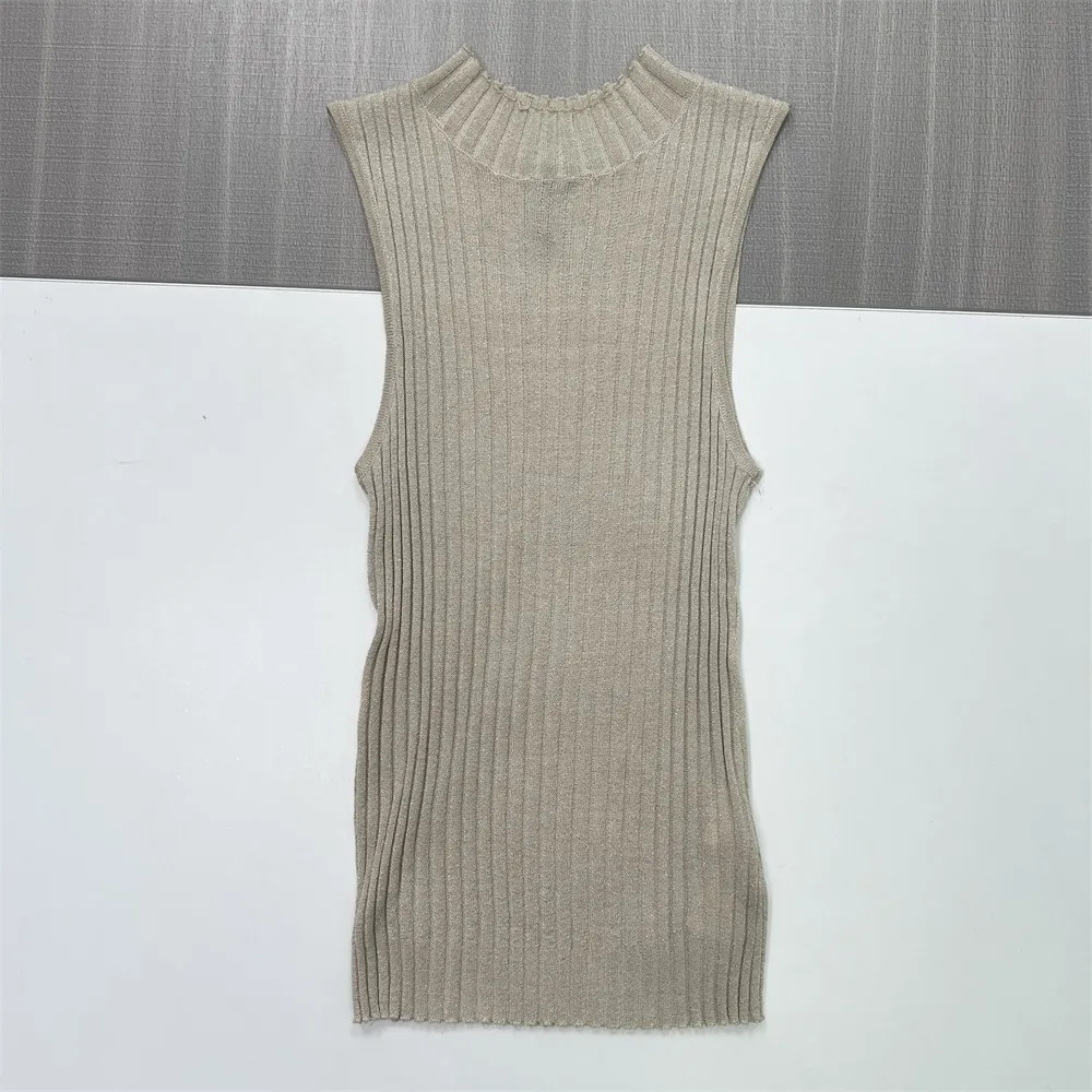 Women's Beige Ribbed Mock Neck Sleeveless Knit Top - Custom Slim-Fit Design