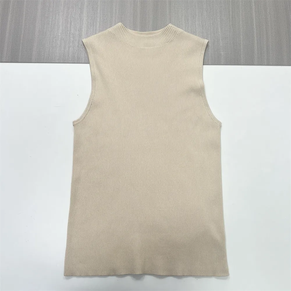 Women's Beige Ribbed Mock Neck Sleeveless Knit Top - Custom Slim-Fit Essential Design