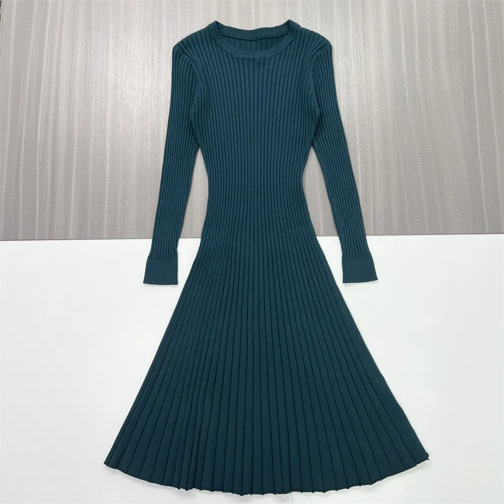 Women's Teal Ribbed Crew-Neck Flared Midi Dress - Custom Elegant Knit Design