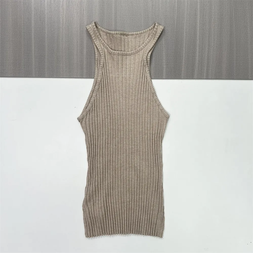 Women's Beige Ribbed Tank Top with Racerback Design - Custom Slim-Fit Knitwear