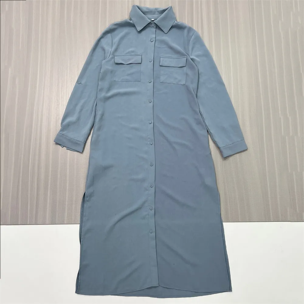 Women's Dusty Blue Shirt Dress with Chest Pockets - Custom Relaxed Elegant Design
