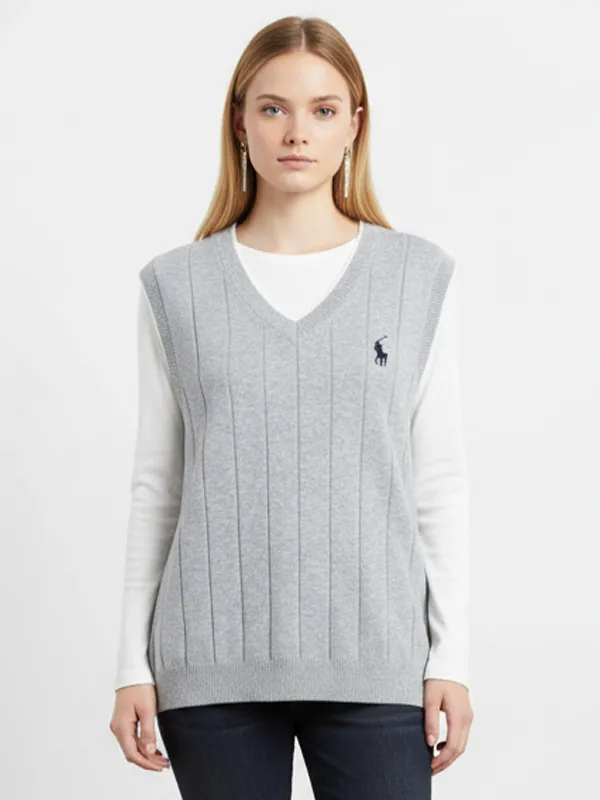 Women's Light Gray Ribbed V-Neck Knit Vest with Polo Emblem - Custom Preppy Design