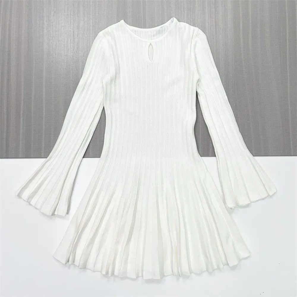 Women's White Ribbed Cutout Bell-Sleeve Mini Dress - Custom Feminine Elegant Design