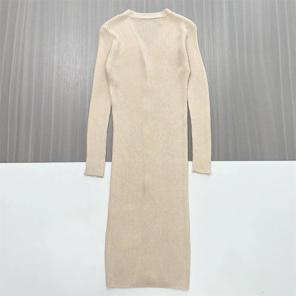 Women's Beige Ribbed V-Neck Button-Front Maxi Dress - Custom Slim-Fit Elegant Design