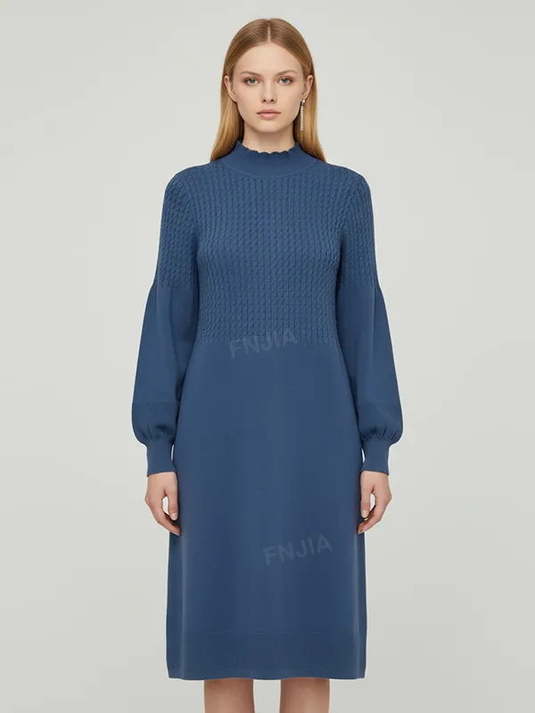 Women's Navy Cable-Knit Mock-Neck Midi Dress - Custom Elegant Textured Design