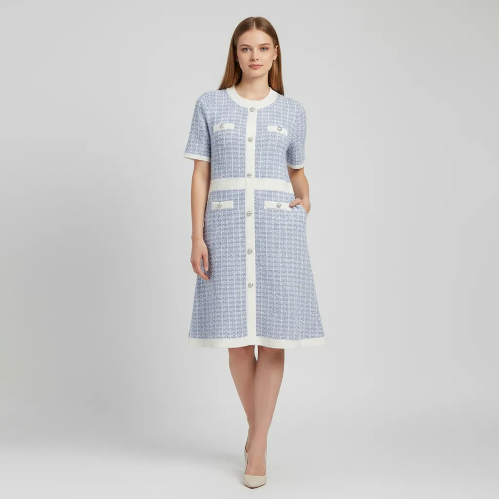 Women's Light Blue Tweed Check Button-Front Midi Dress - Custom Classic Elegant Design