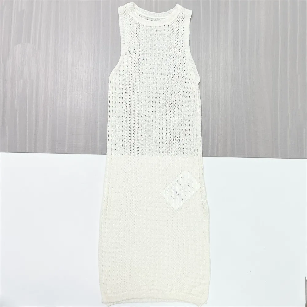 Women's White Openwork Knit Sleeveless Midi Dress - Custom Minimalist Elegant Design