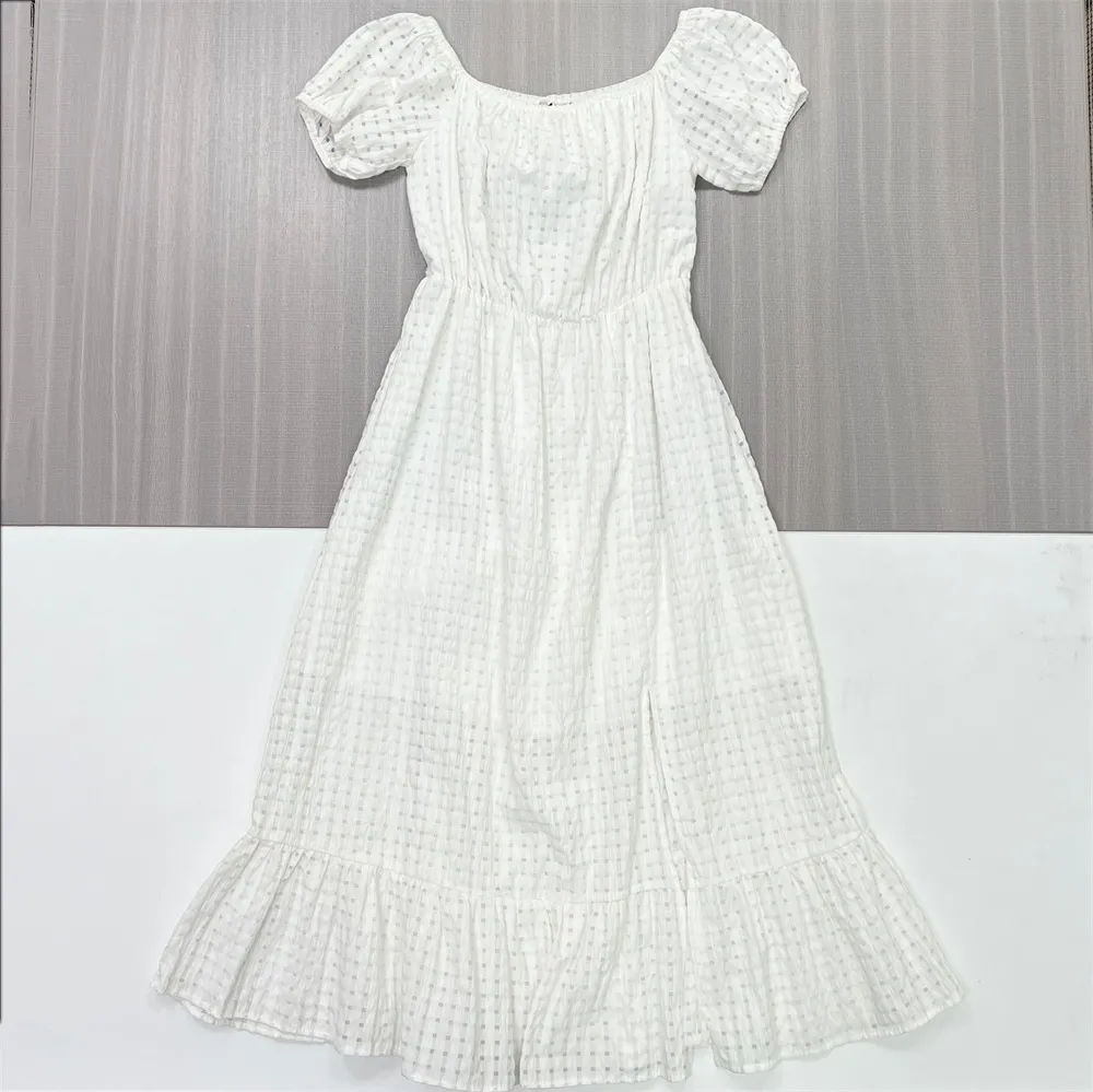 Women's White Textured Square-Neck Puff-Sleeve Midi Dress - Custom Romantic Elegant Design