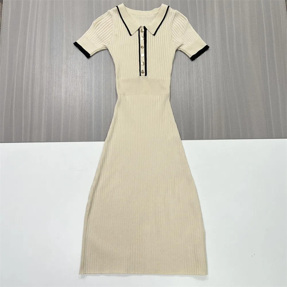 Women's Beige Ribbed Contrast-Collar Midi Dress - Custom Preppy Slim-Fit Design
