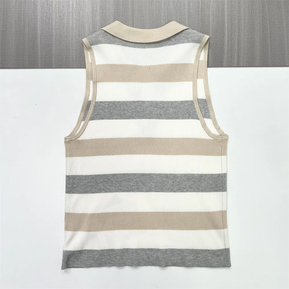 Women's Neutral Striped Polo-Collar Sleeveless Knit Top - Custom Slim-Fit Design