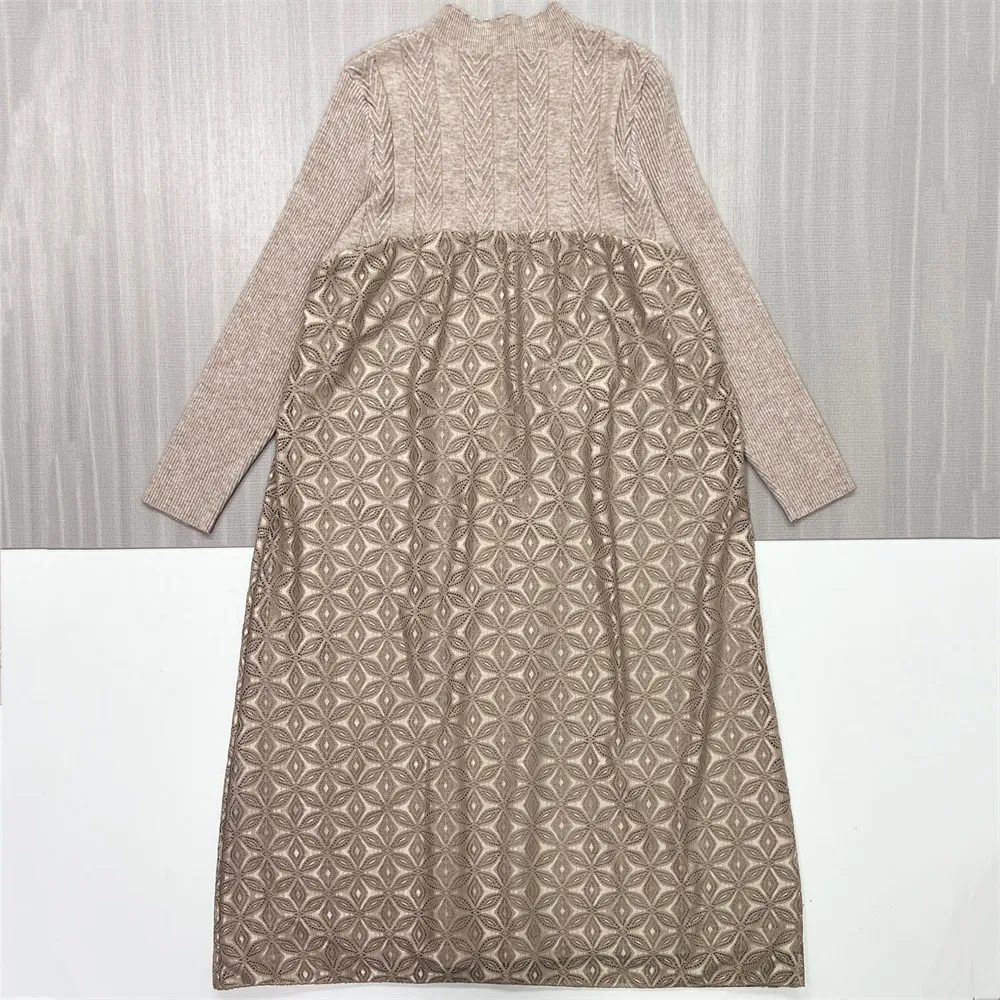Women's Beige Textured-Knit Paneled Midi Dress - Custom Elegant Patterned Design