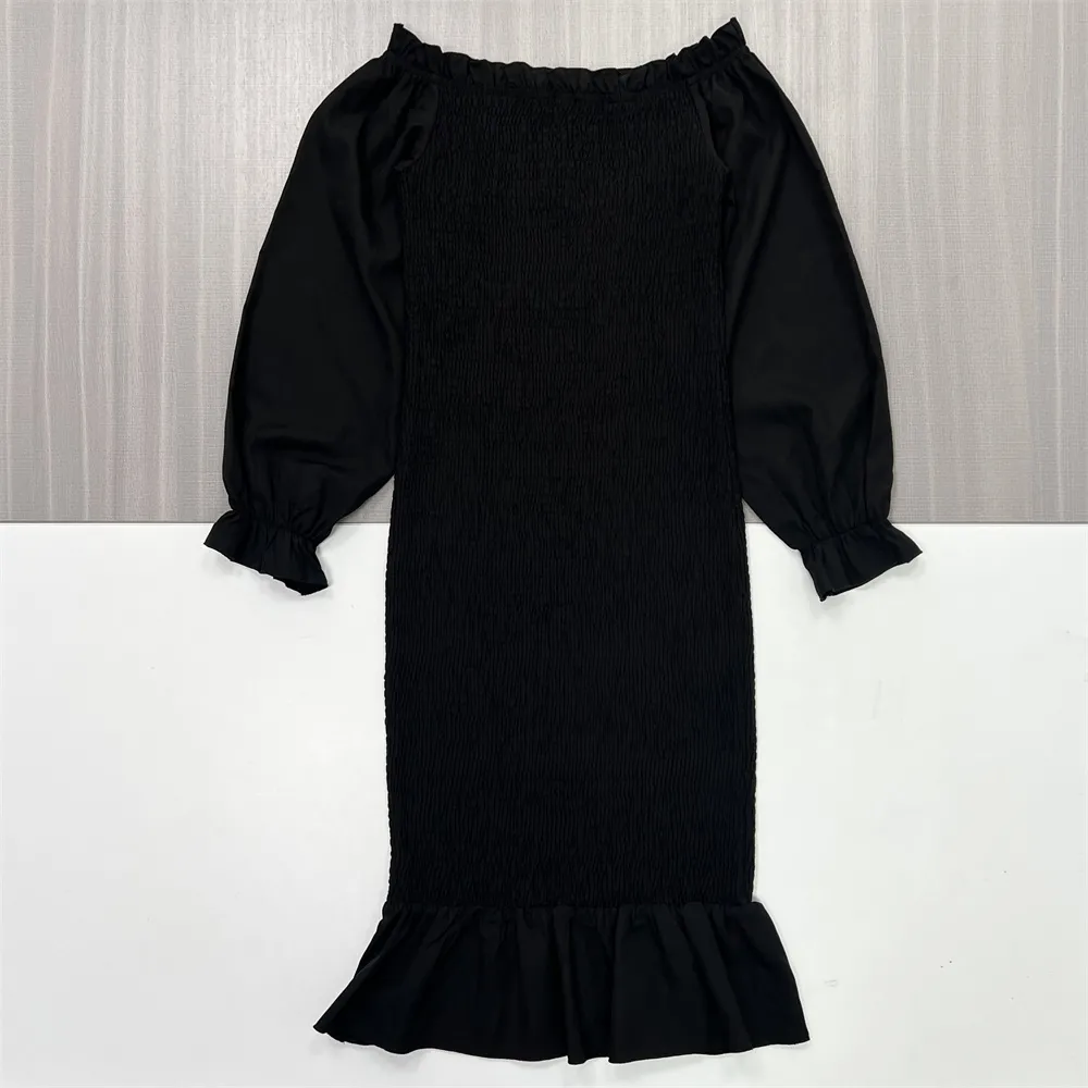 Women's Black Smocked Off-Shoulder Puff-Sleeve Mermaid Midi Dress - Custom Elegant Formal Design