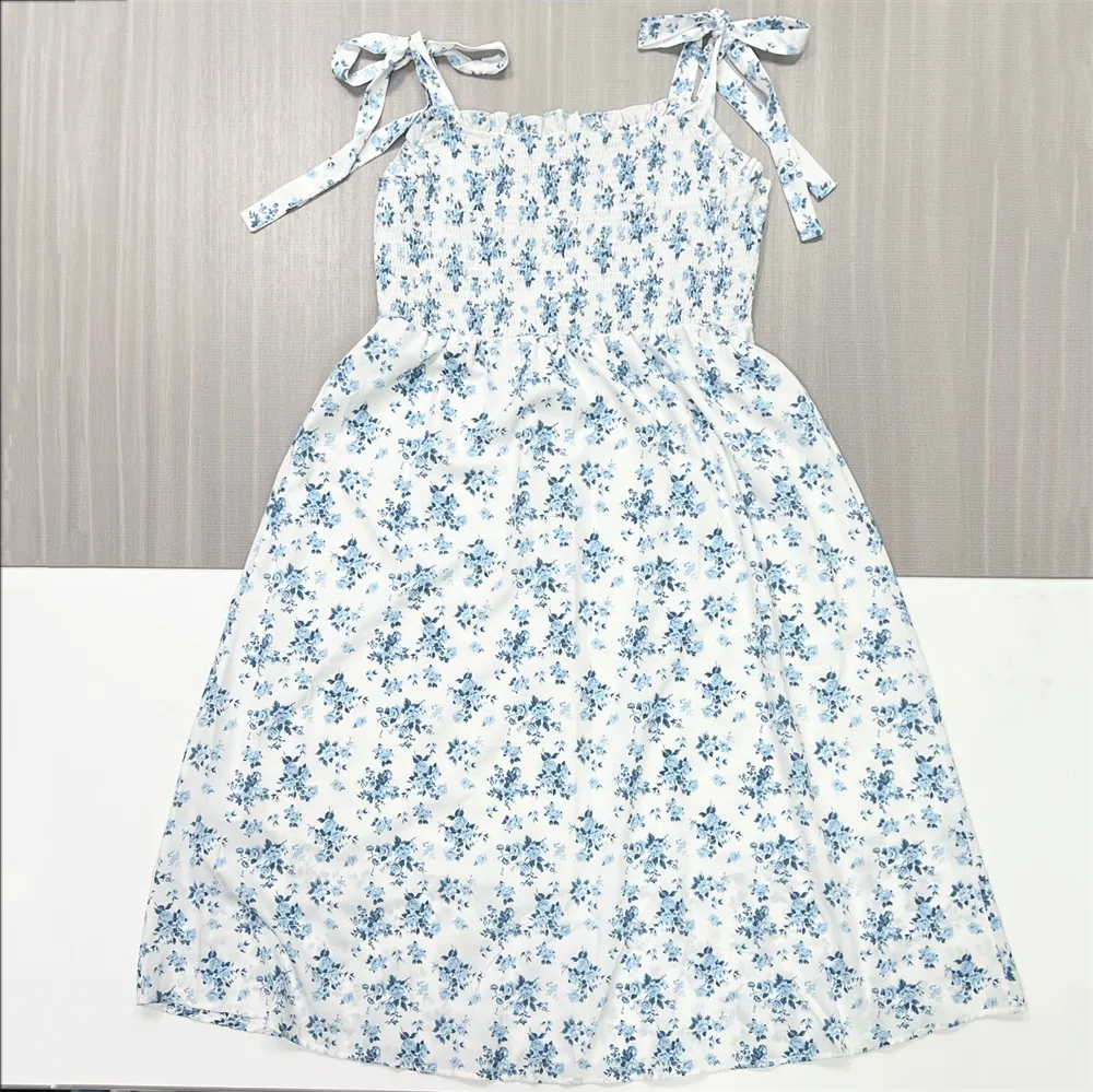 Women's White & Blue Floral Tie-Strap Smocked Midi Dress - Custom Feminine Casual Design
